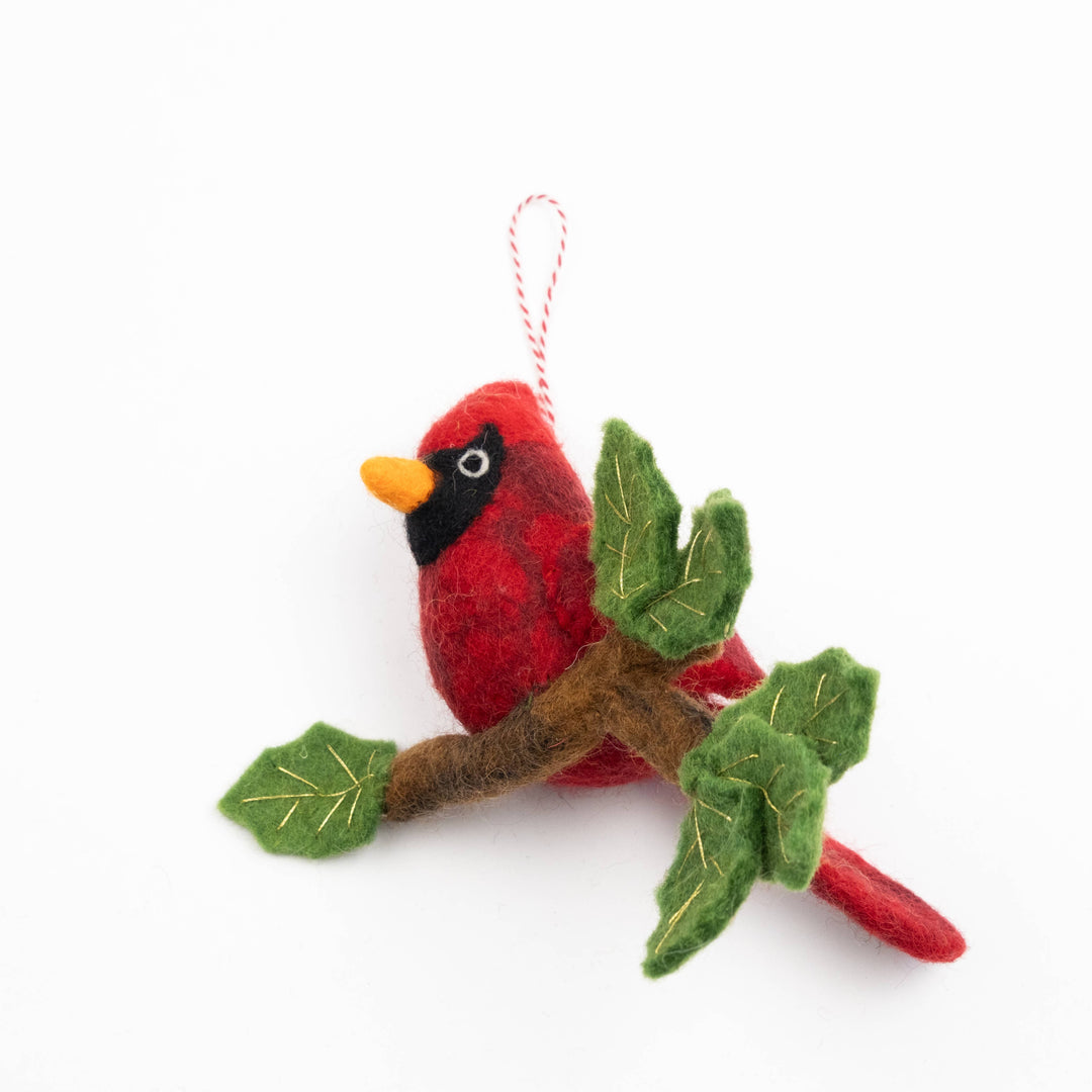 Ornament - Felt Red Cardinal on Branch - India