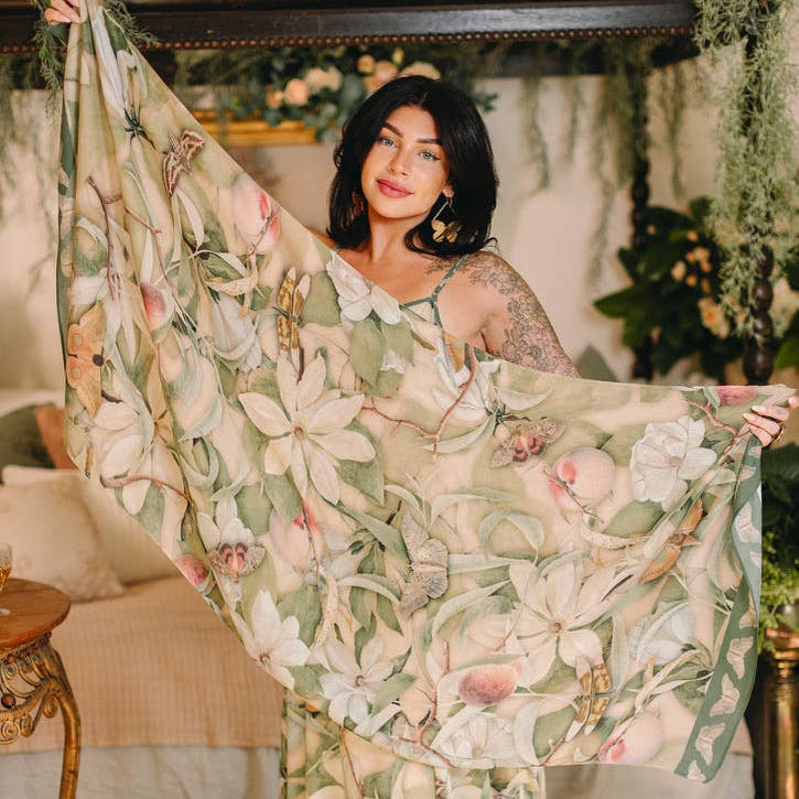 Fleur De Soleil Scarf with Magnolia Floral Print & Butterfly
