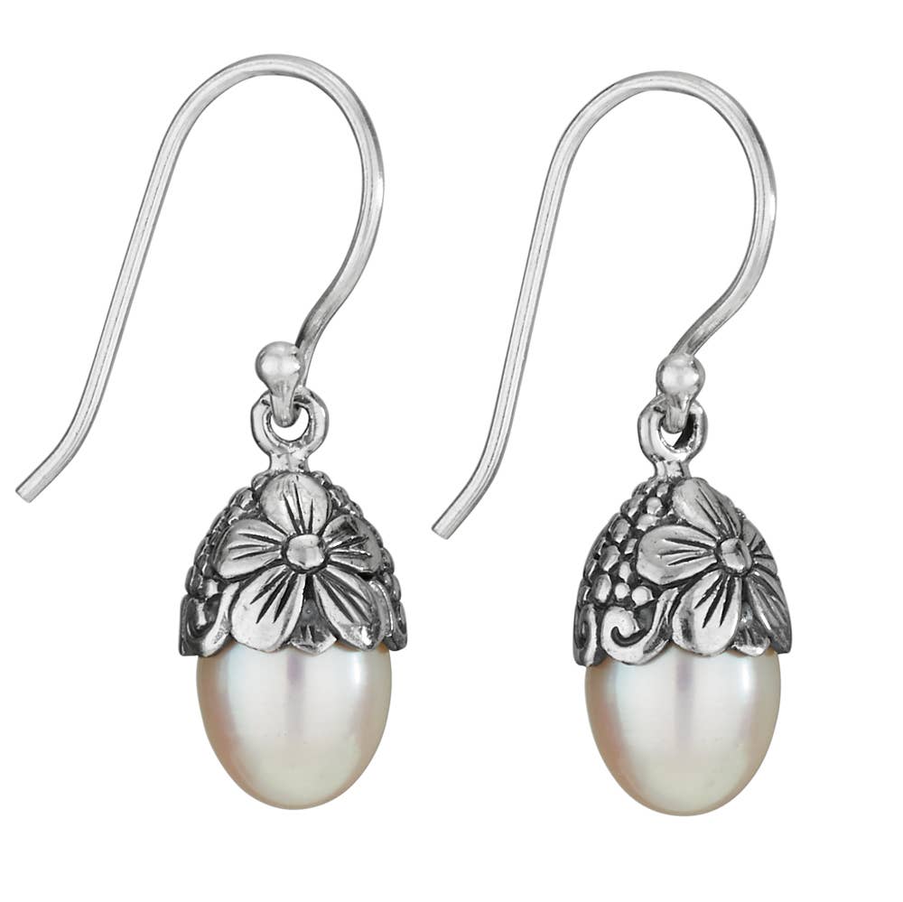 Flower Top Sterling Silver and Pearl Earring - Bali