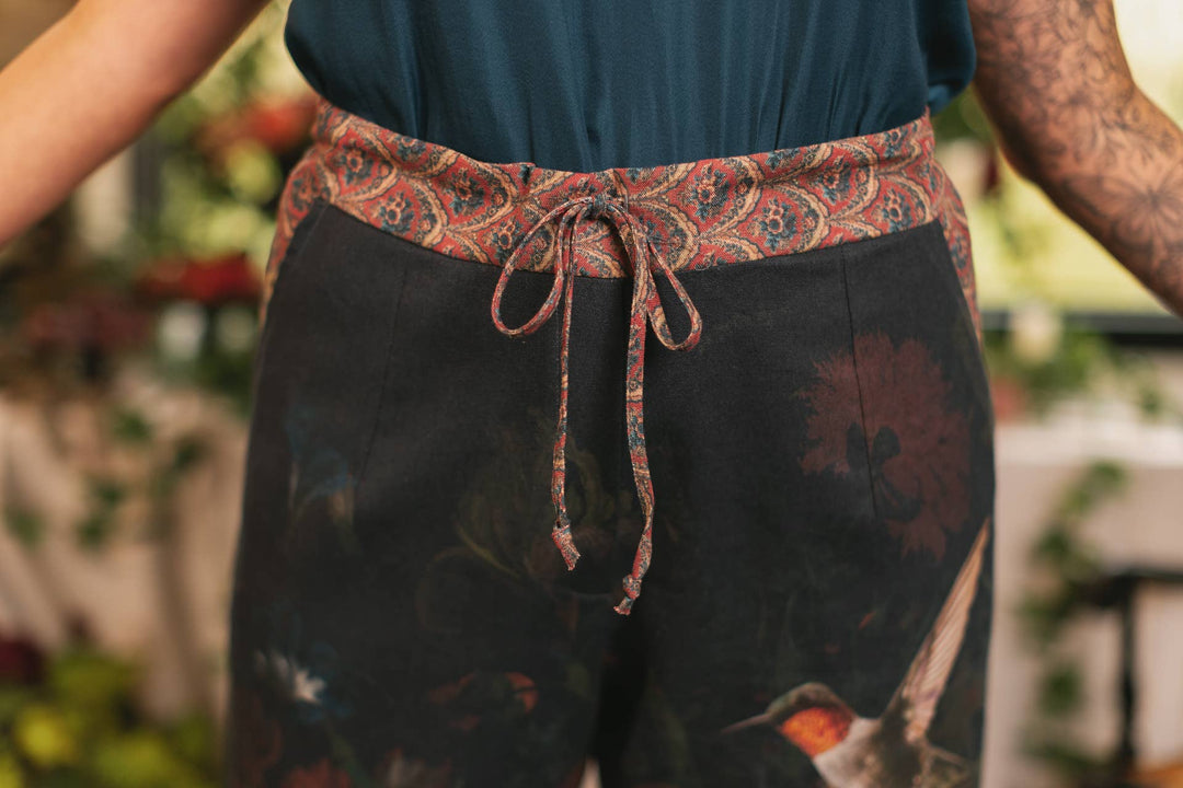 Flight of Fancy Linen Cropped Artist Pants w/ Hummingbird