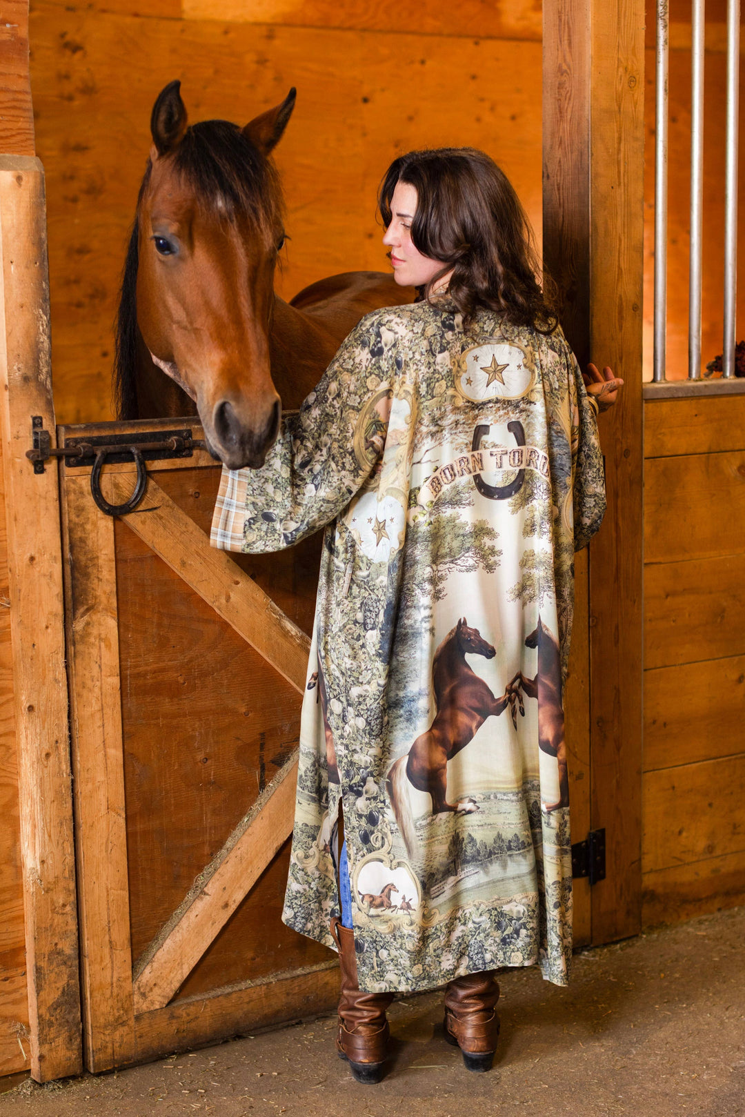 Born to Run Opera Duster Kimono Robe w/ Horse & Flower Print - Canada