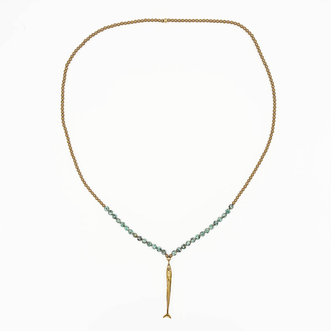 Brass Beaded Fish Pendant Necklace - Northern India