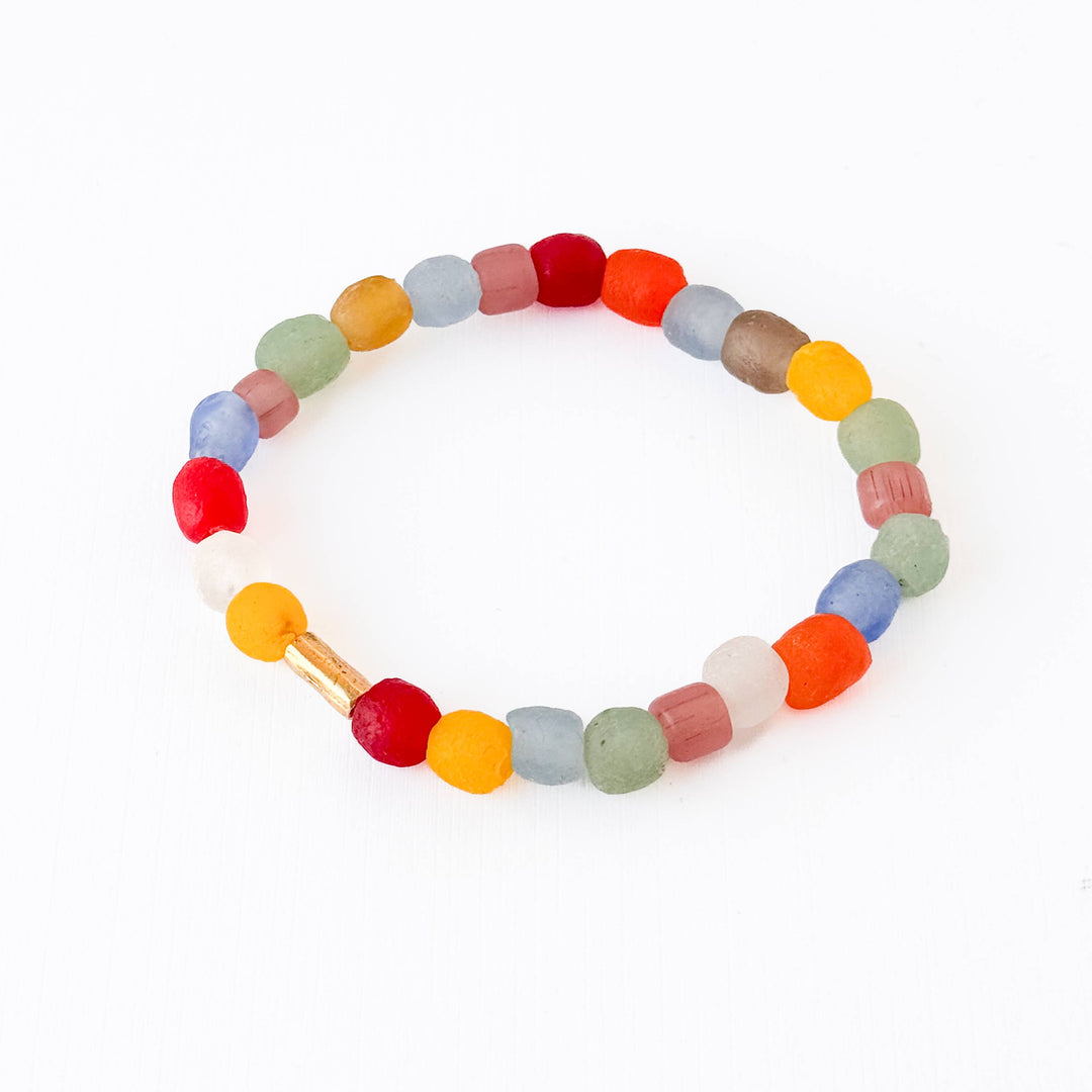 Recycled African Glass Bead Bracelet with Gold Accent