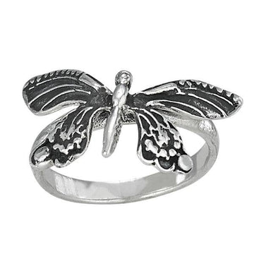 Silver butterfly-shaped ring on a white background