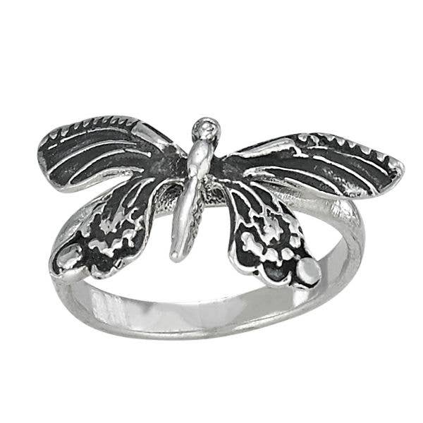 Silver butterfly-shaped ring on a white background