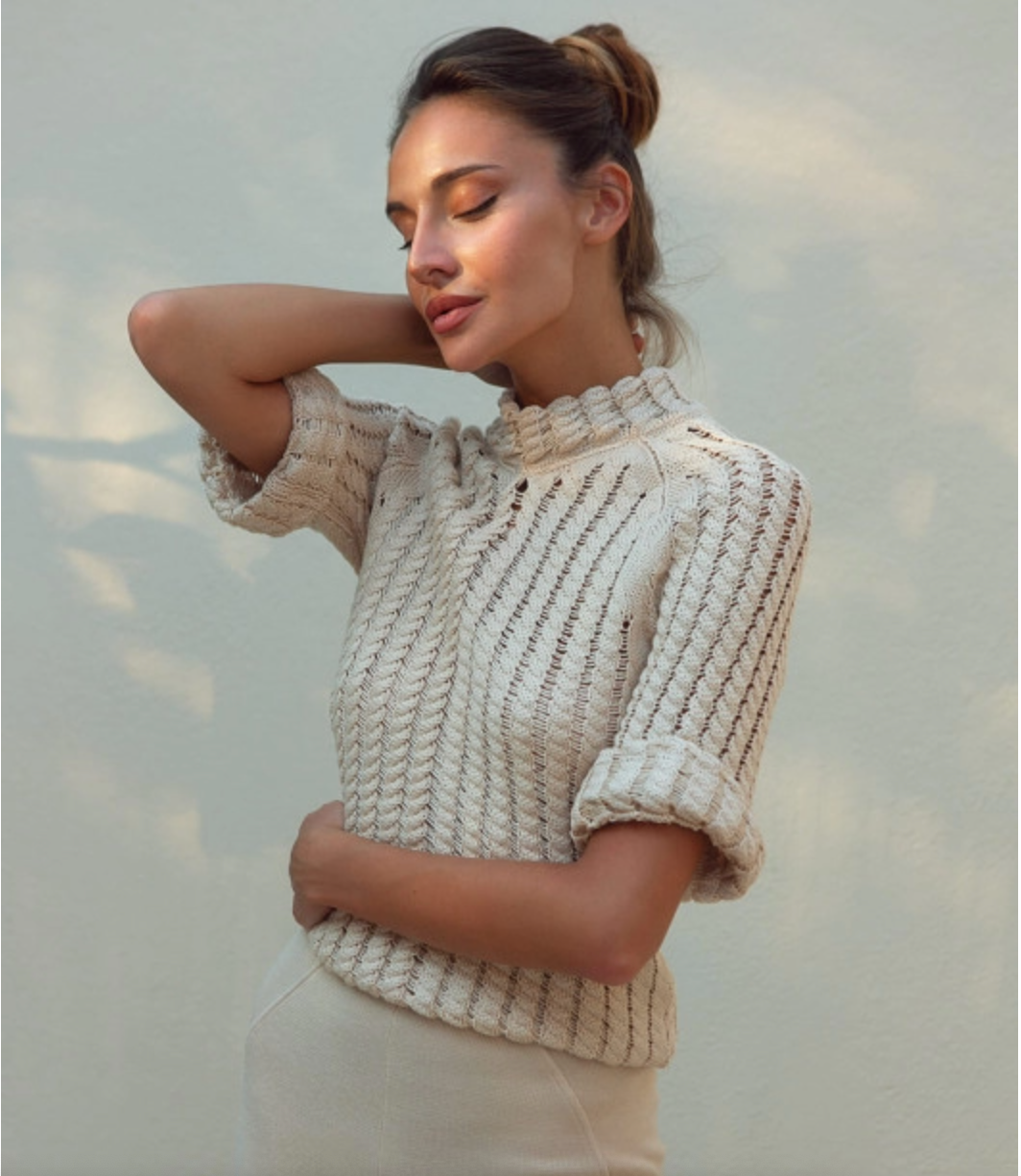 Fringed crochet-knit cotton jumper with short sleeve Provenc