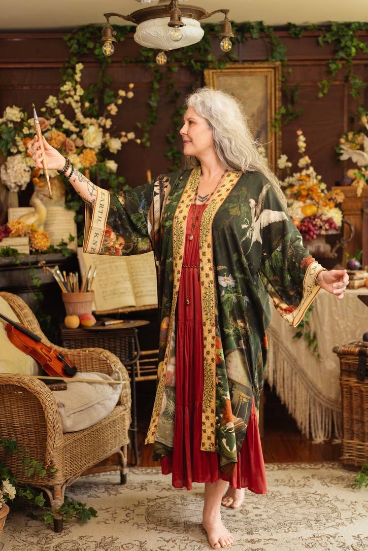 Labour of Love Opera Duster Kimono Robe w/ Florals & Violin