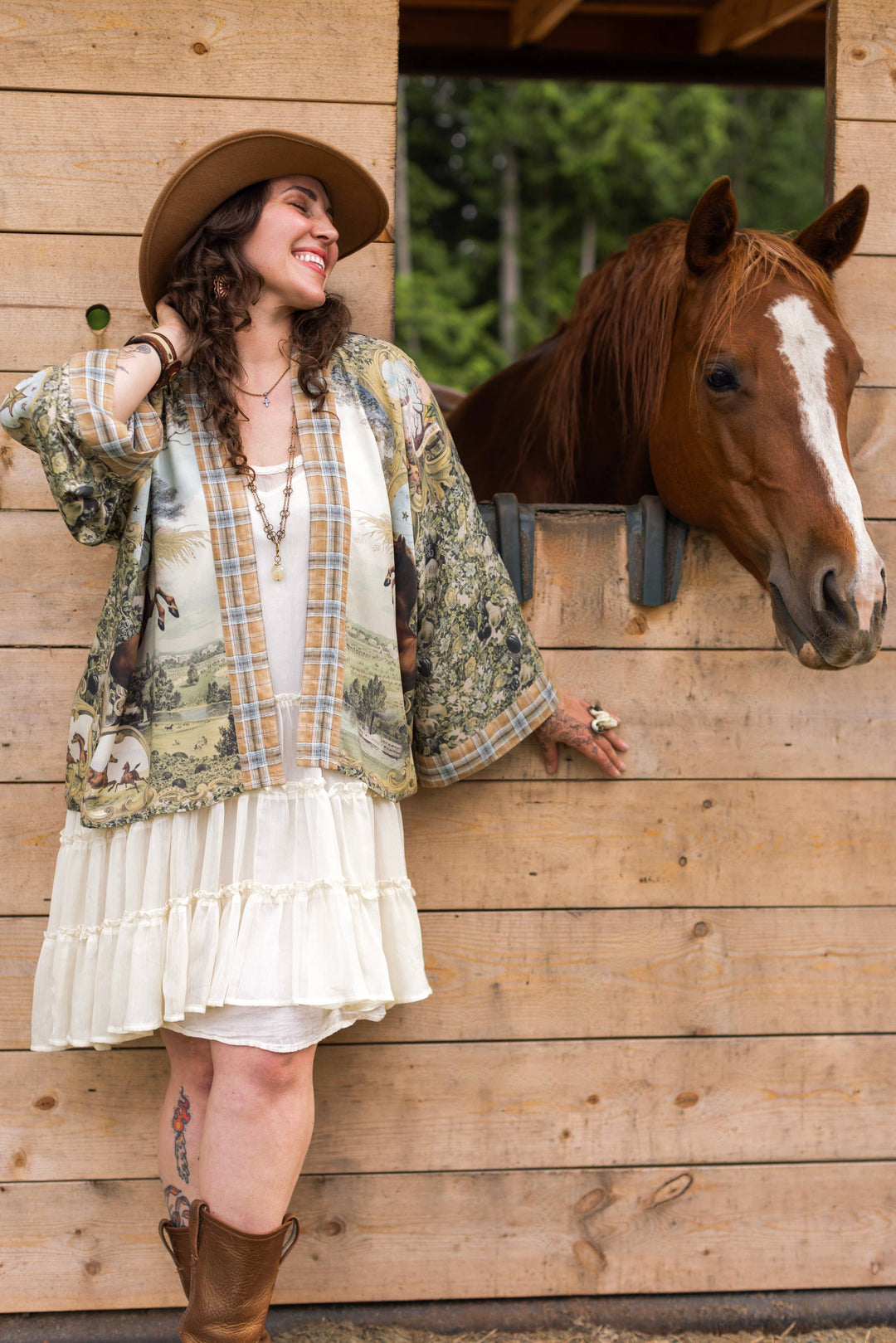Born to Run Pixie Duster Crop Kimono w/ Horse & Flower Print - Canada