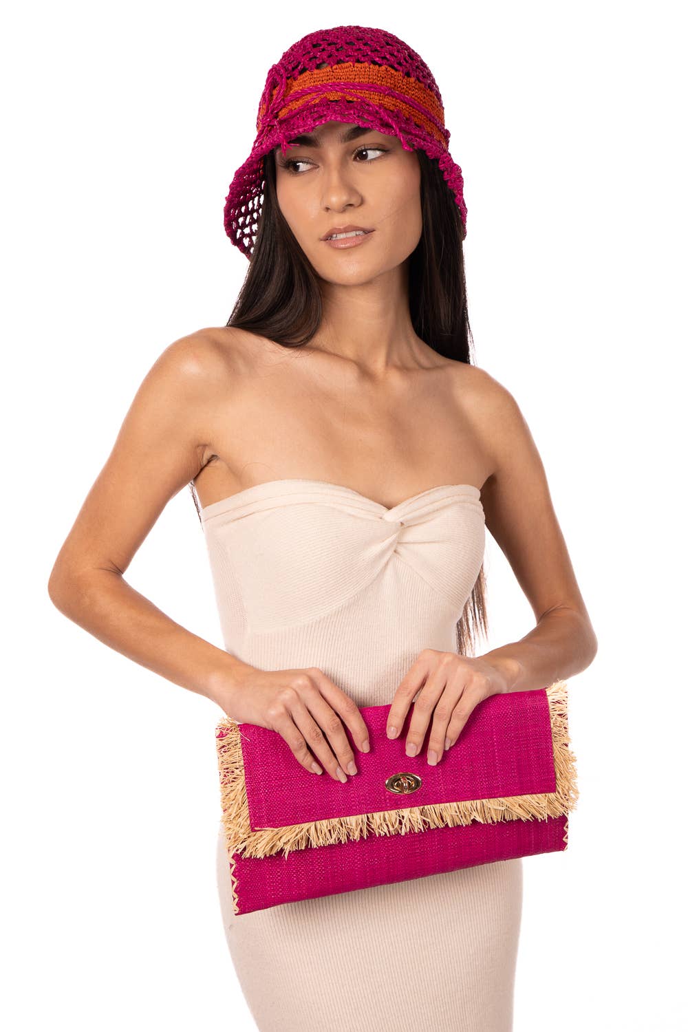 Sophie Raffia Straw Envelope Clutch Purse with Raw Fringe