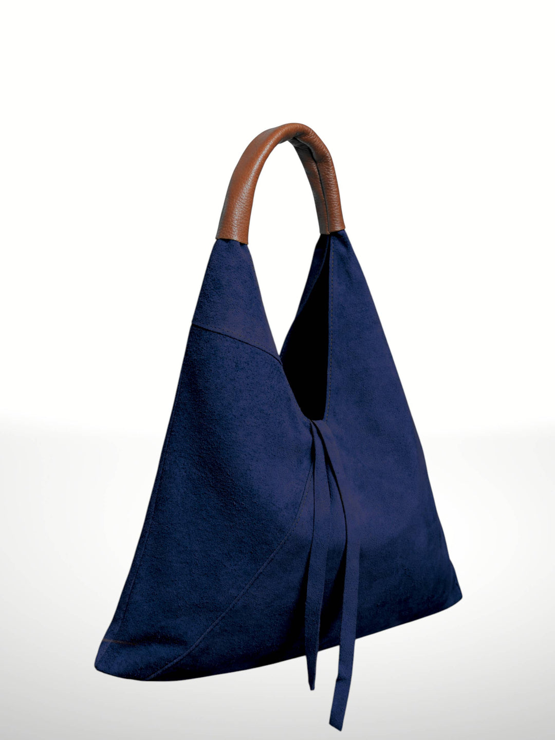 A navy blue fabric hobo-style shoulder bag with a brown leather handle, shown against a plain white background.