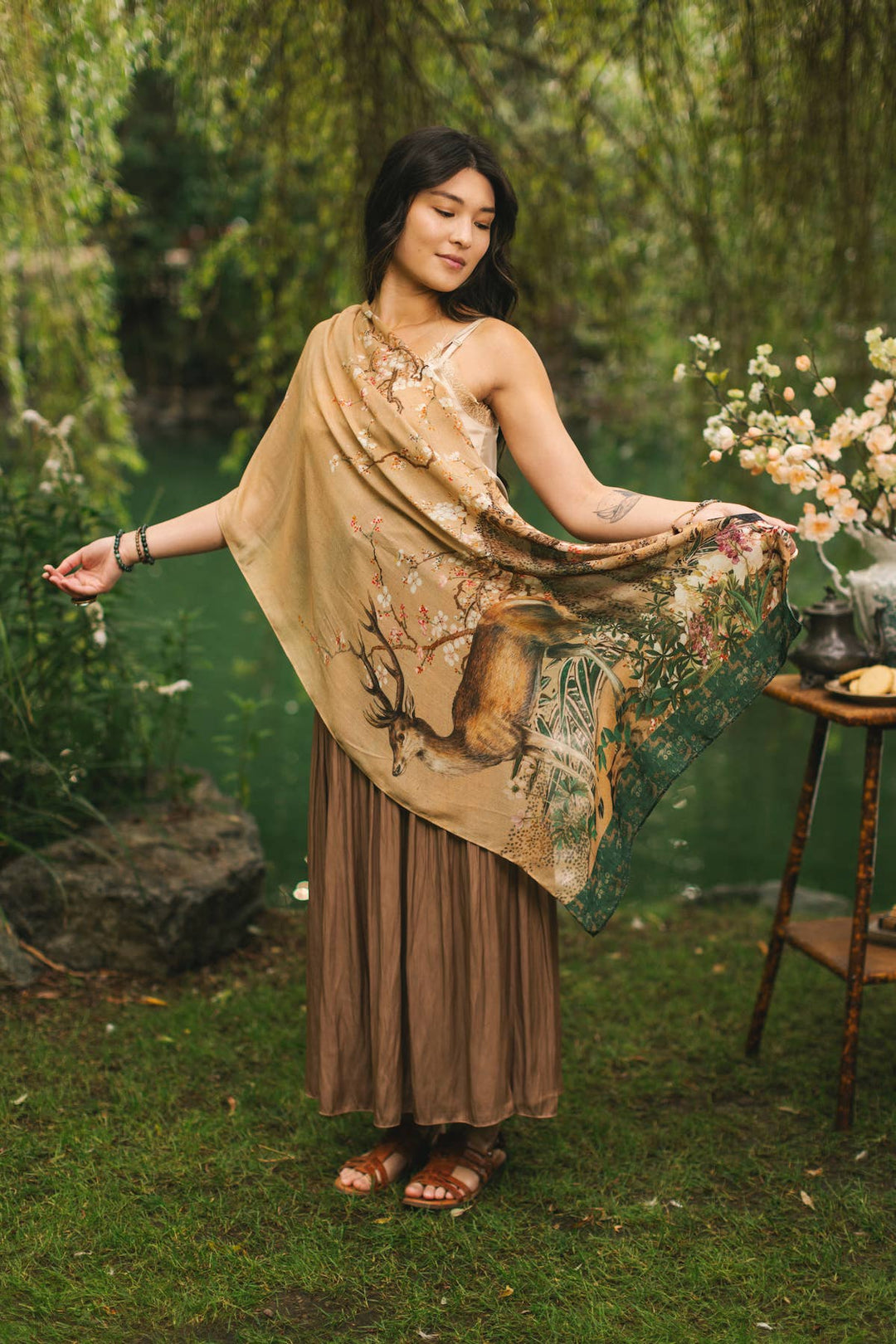 Fable Bohemian Floral Scarf with Deer & Moon Print