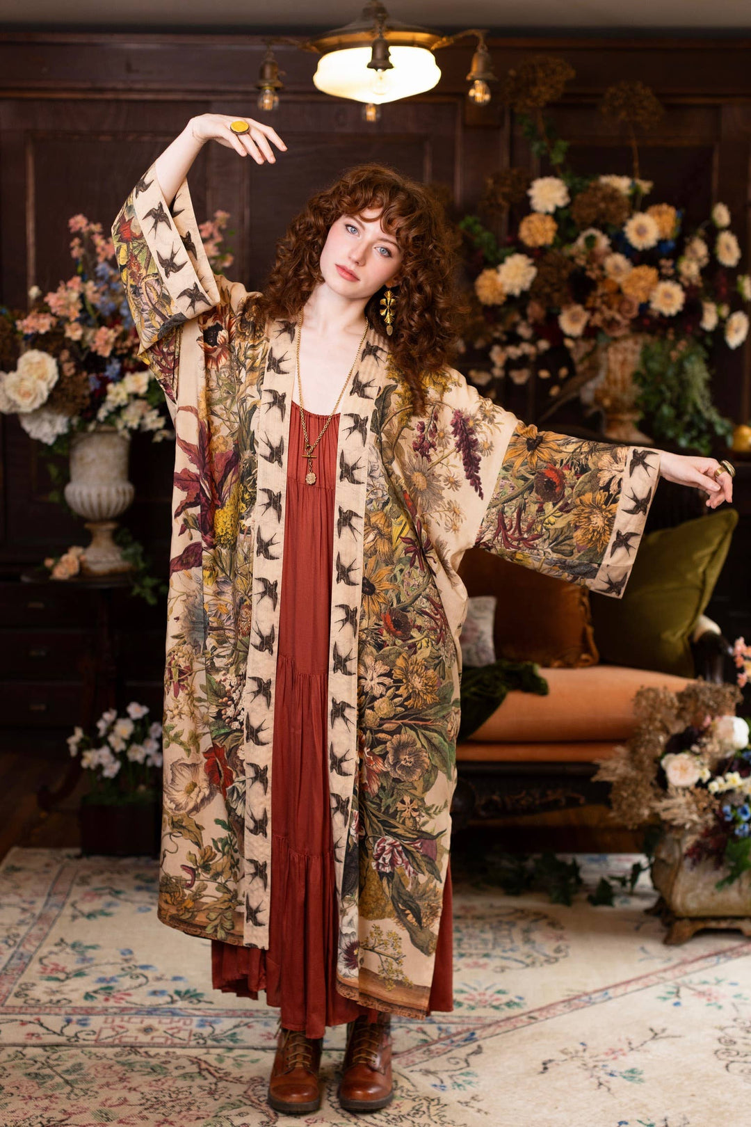 Golden Hour Opera Duster Kimono Robe w/  Floral Print