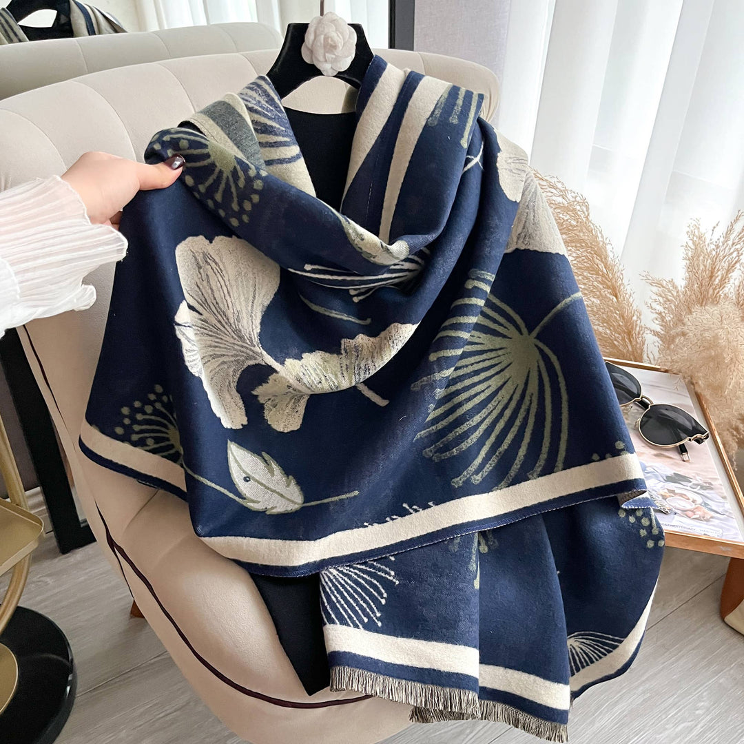 Navy / Cream Falling Ginkgo Reversible Wrap