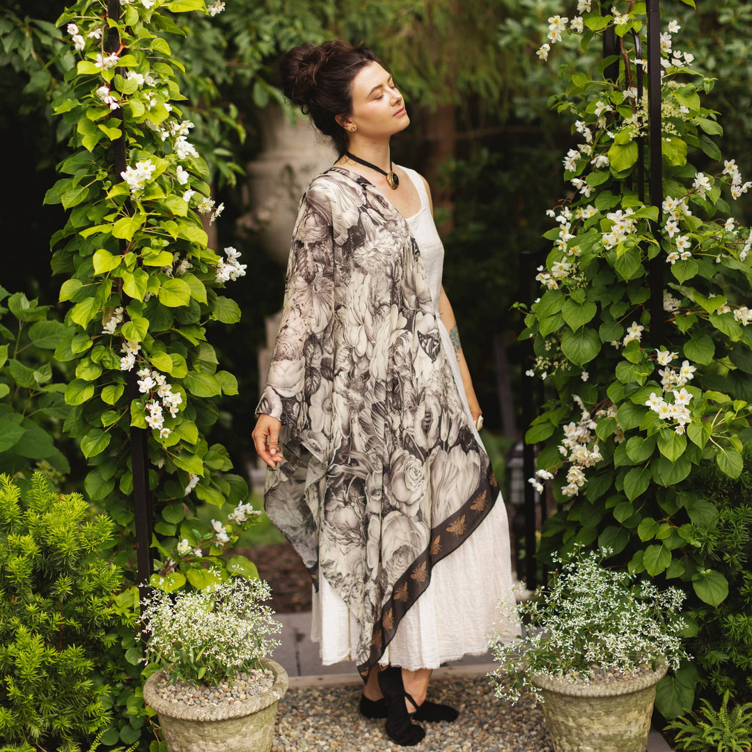 Honey & The Moon Scarf with Neutral Floral Print & Bees - Canada