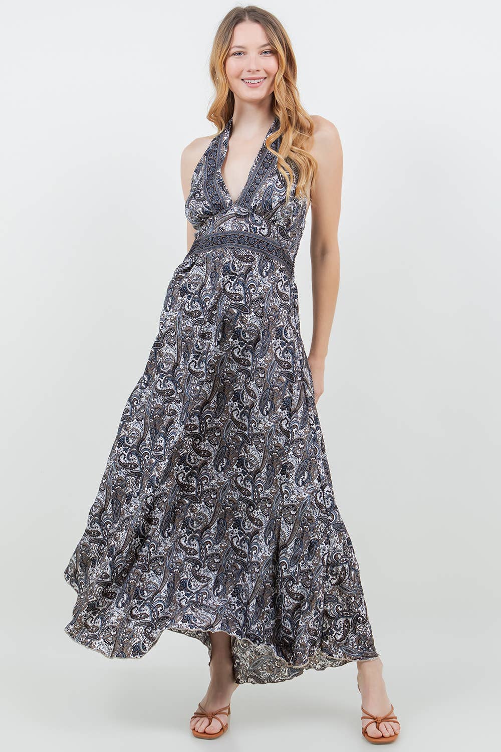 Silky Long Paisley Halter Dress - Napal