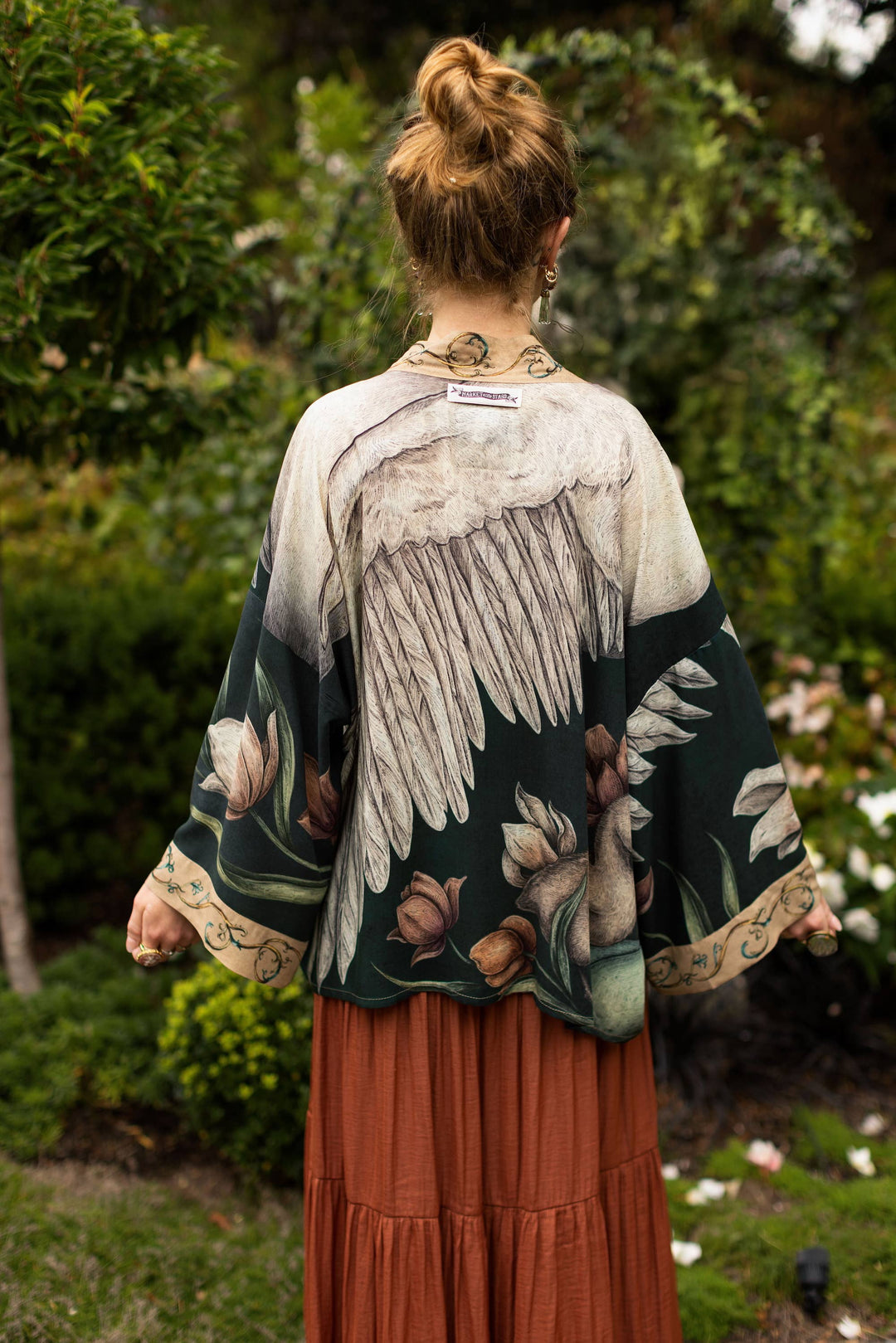 Under My Wing Pixie Crop Kimono w/ Swan & Feathers