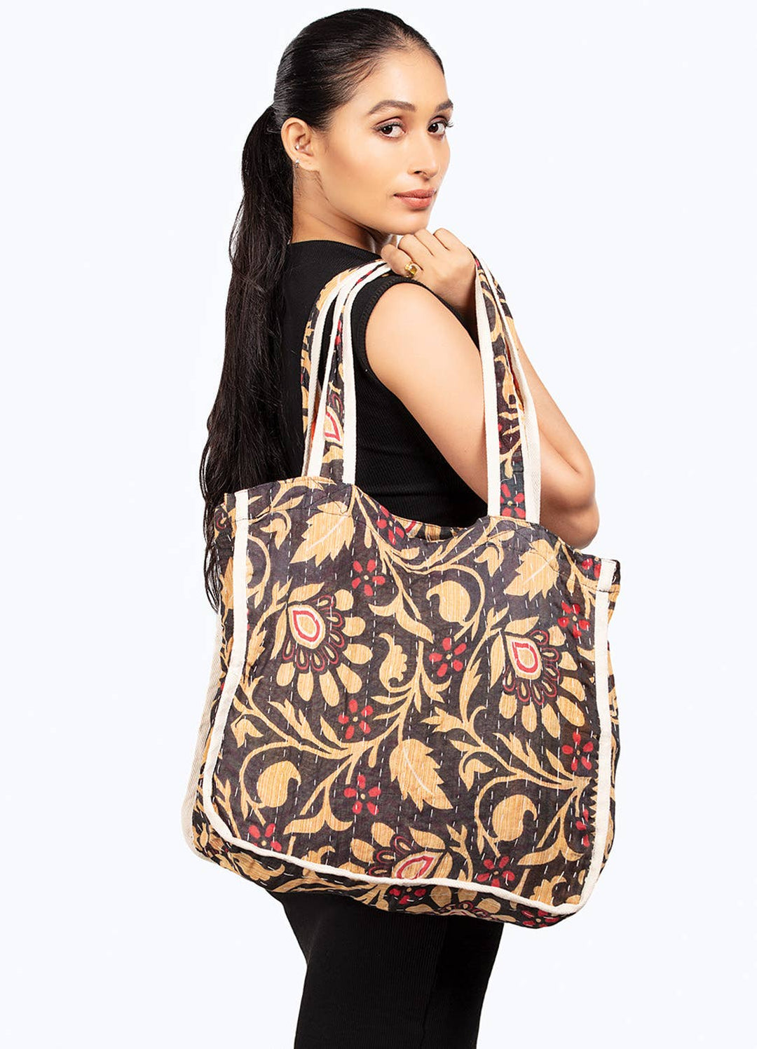 Black Kantha Market Tote Bags