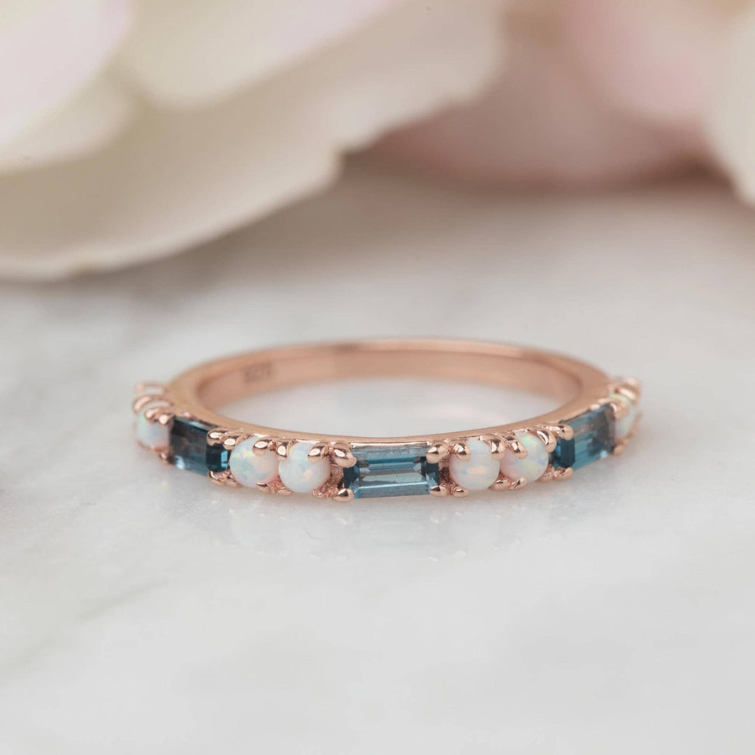 Rose Gold London Blue Topaz & Opal Midnight Crossing Band - Bali
