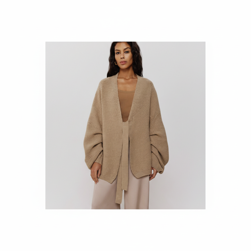 Woman wearing a beige cardigan over a beige top and pants on a white background