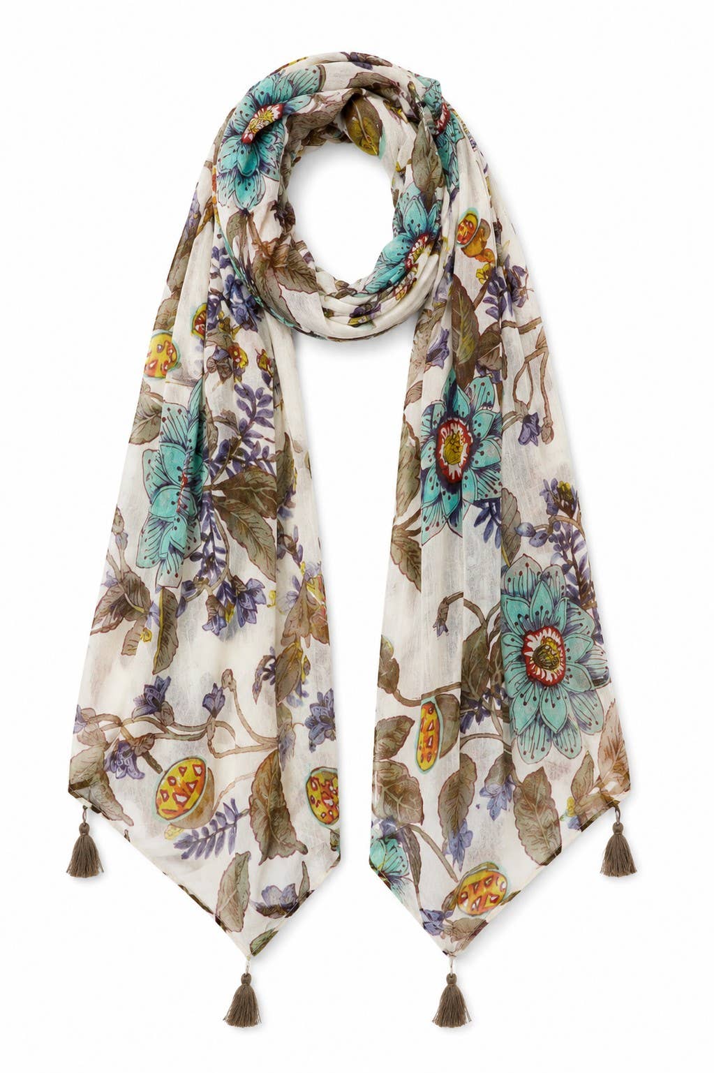 Sorrento Cotton Tassel Scarf- White-Brown