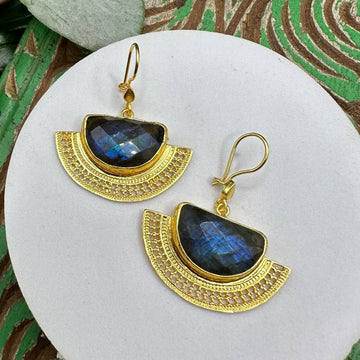 Gold earrings with blue gemstones on a white surface