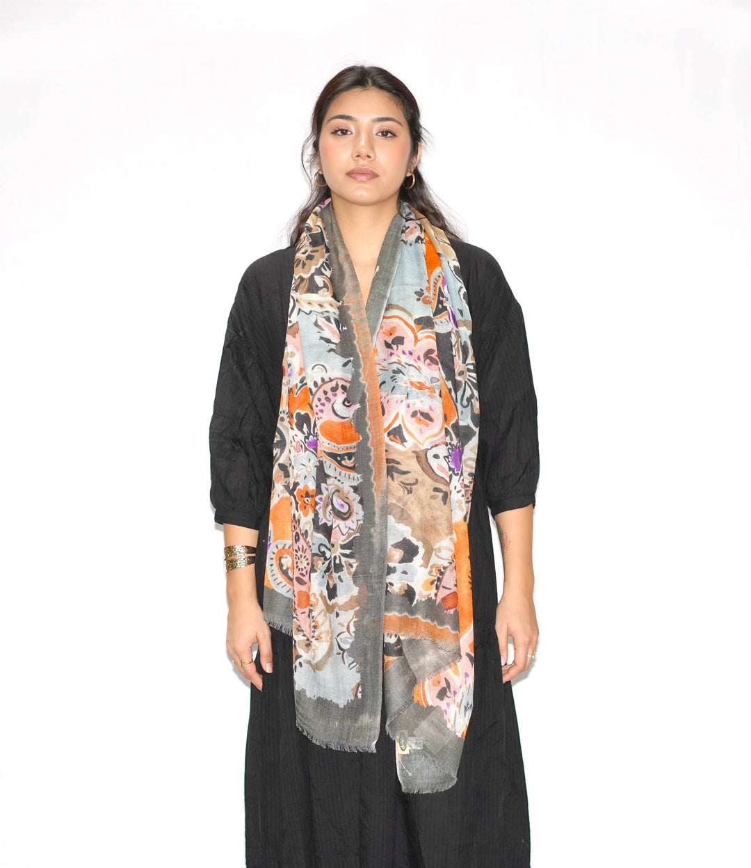 Wool/Silk Blend Printed Scarf-Orange Olive