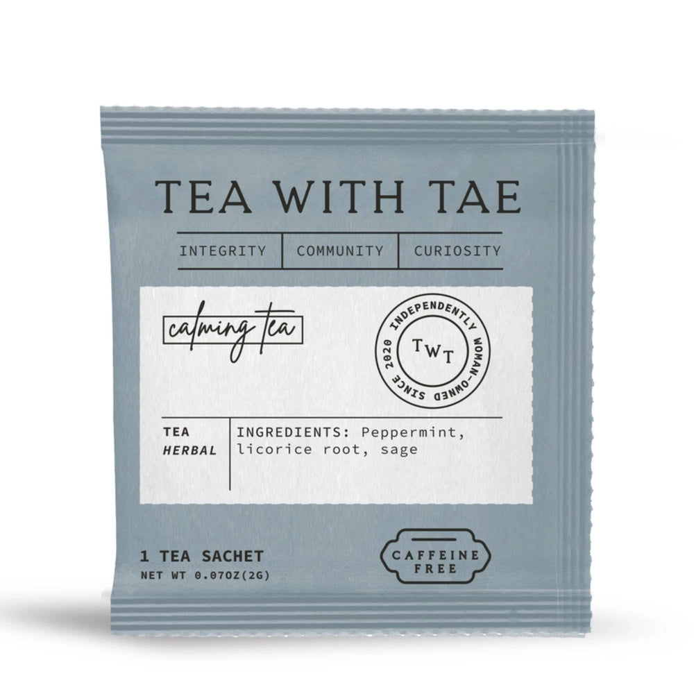 Tea package with 'Tea with Tae' branding on a white background