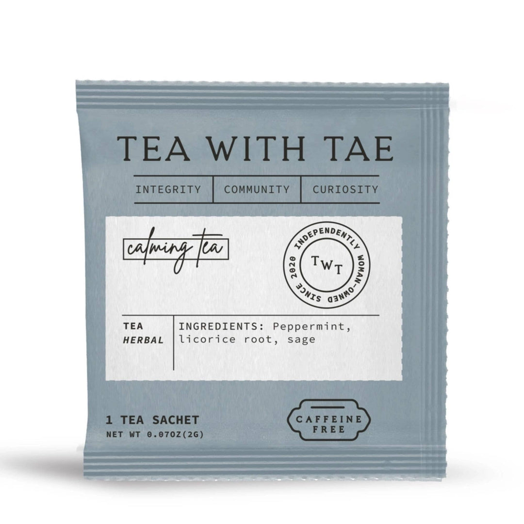 Tea package with 'Tea with Tae' branding on a white background