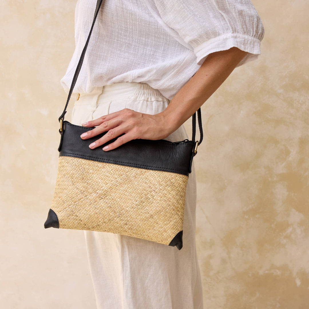 Rattan Crossbody Bag with Dark Leather Trim - Borneo