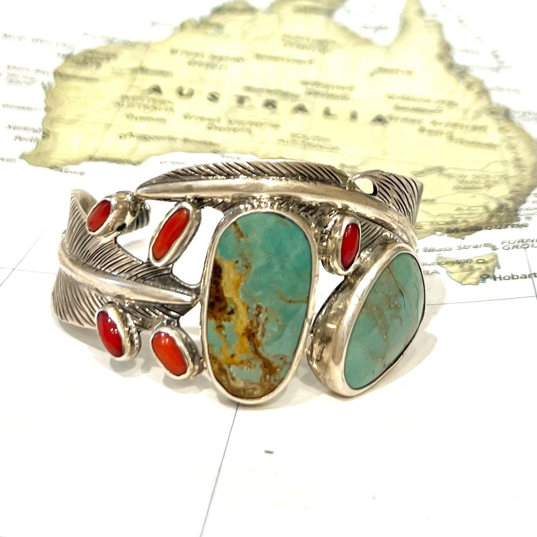 Sterling Silver Feather Cuff with Tibitan Turquoise & Coral - Thailand