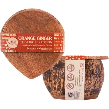 Orange Ginger Shea Butter Lotion in a wooden container with Global Mamas branding.