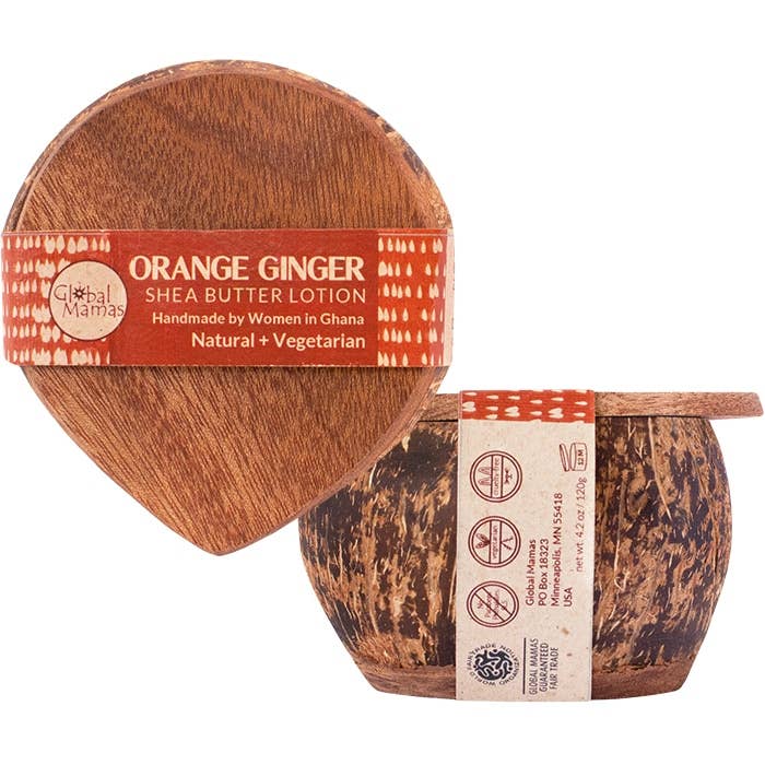 Orange Ginger Shea Butter Lotion in a wooden container with Global Mamas branding.