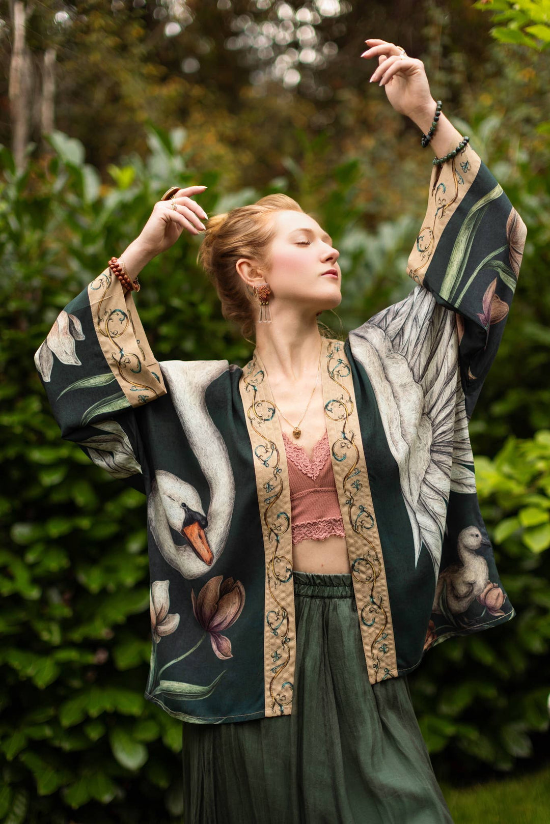 Under My Wing Pixie Crop Kimono w/ Swan & Feathers