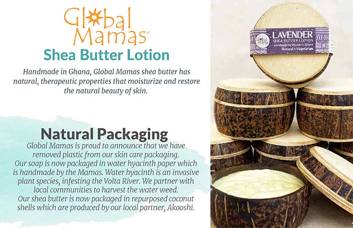Shea butter lotion with packaging information on a white background