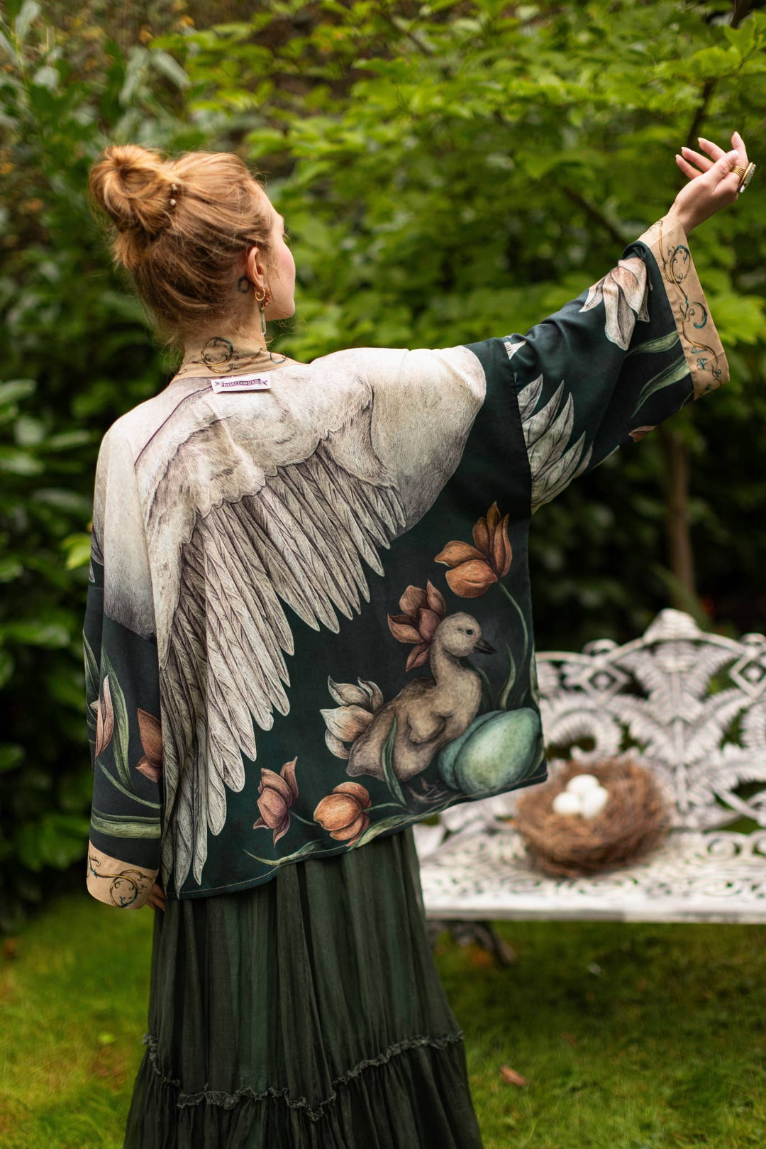 Under My Wing Pixie Crop Kimono w/ Swan & Feathers
