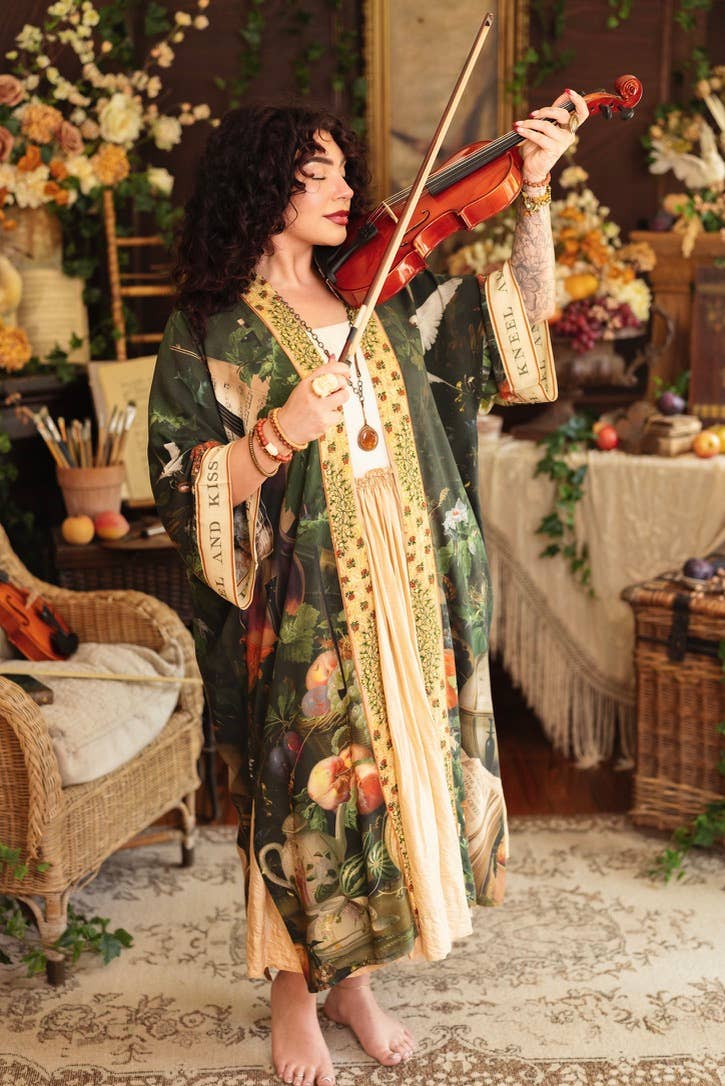 Labour of Love Opera Duster Kimono Robe w/ Florals & Violin