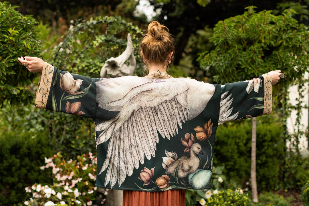 Under My Wing Pixie Crop Kimono w/ Swan & Feathers