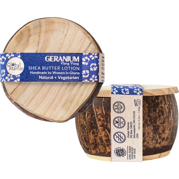 Shea butter lotion in wooden containers with Global Mamas branding on a white background