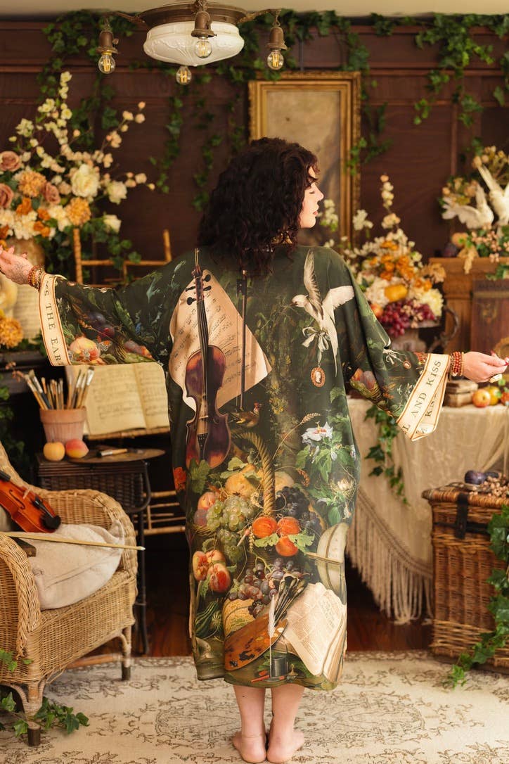 Labour of Love Opera Duster Kimono Robe w/ Florals & Violin