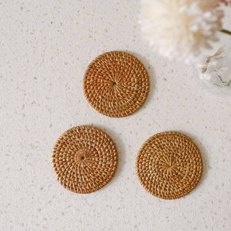 Round Rattan Coaster - Brown Boho Straw Raffia Wicker Drink -