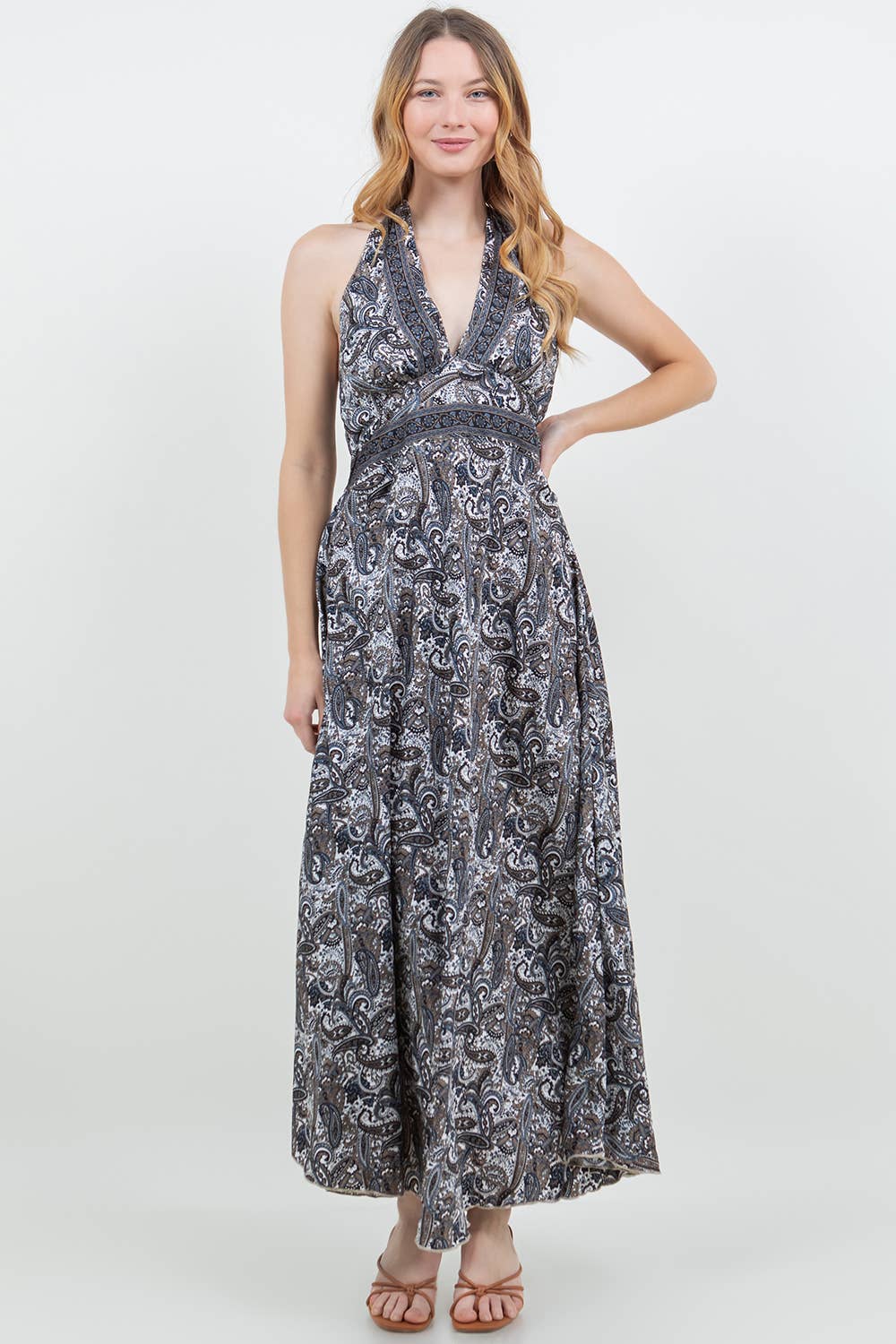 Silky Long Paisley Halter Dress - Napal