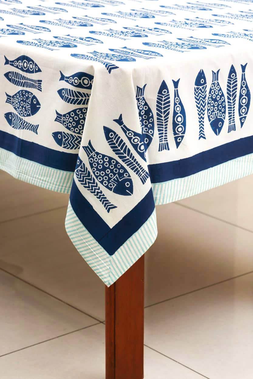 Fish Block Print Tablecloth