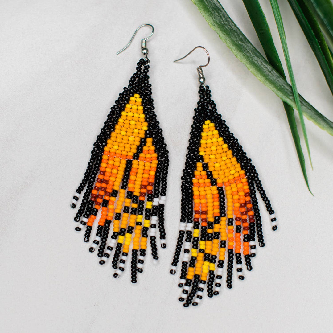 Orange Monarch Butterfly Wing Fringe Earrings - Guatamala