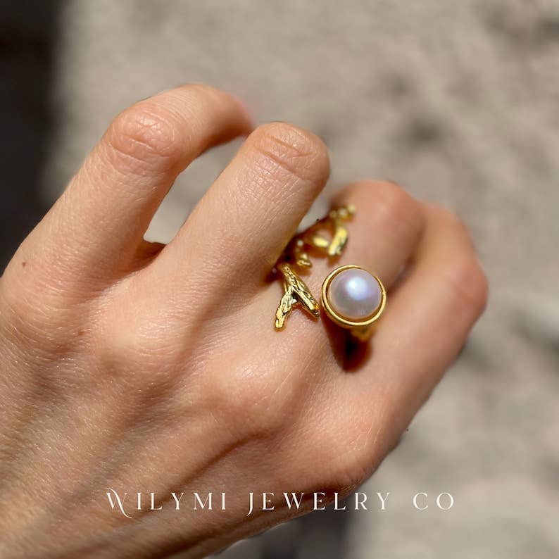White Pearl Branch Gold Ring | 10x10mm | 24k Gold Filled