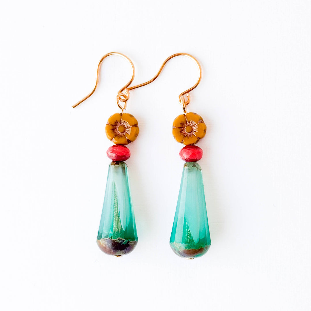 Glass Flower Bead Drop Earrings with Colorful Glass Accents