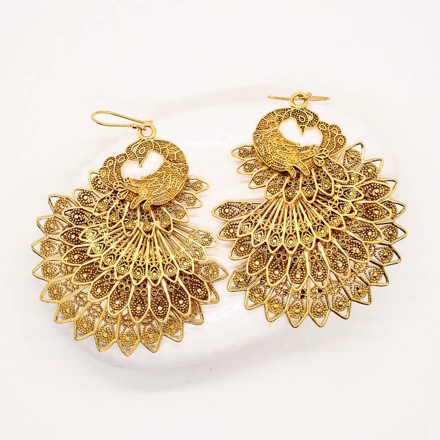 Brass Peacock Statement Earrings - Rajasthan, India