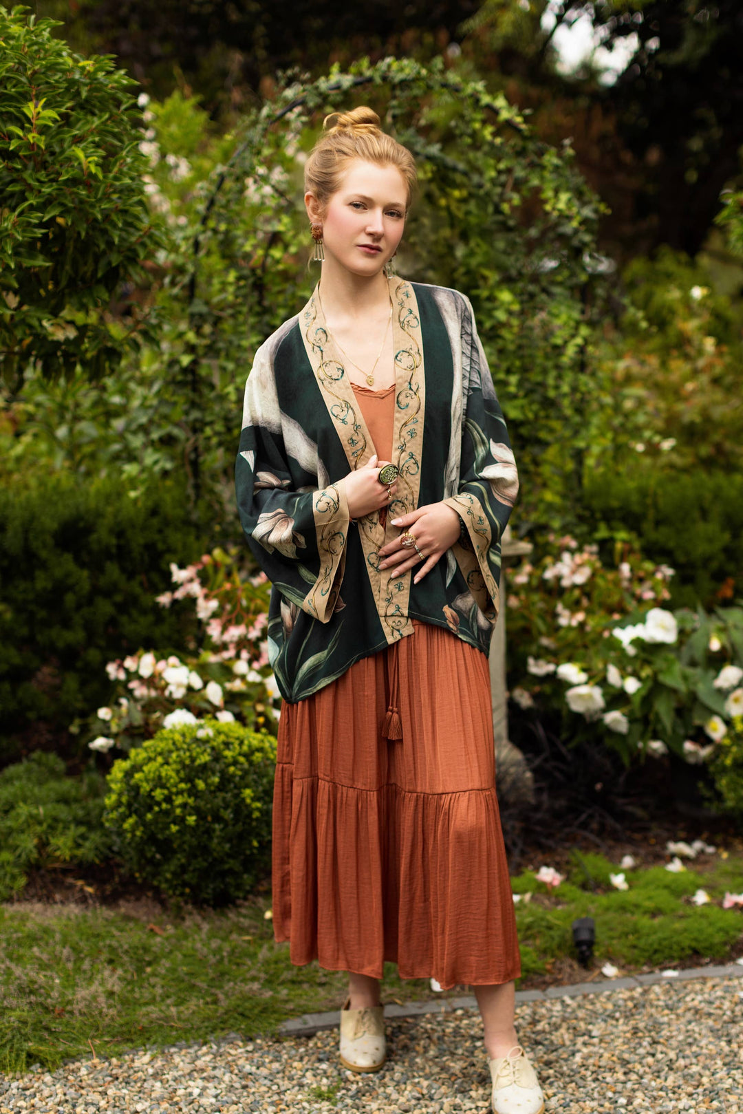 Under My Wing Pixie Crop Kimono w/ Swan & Feathers