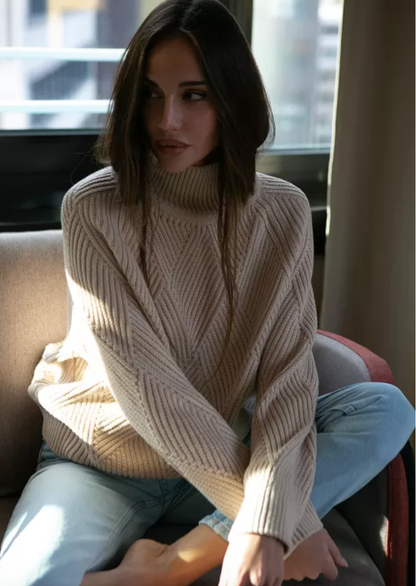 High Neck Knitted Sweater With Geometric Print