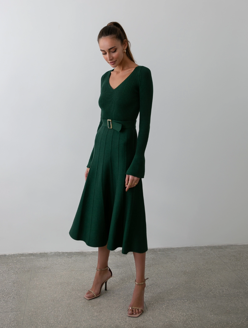 Knitted Belted V-neck Midi Dress Stephanie