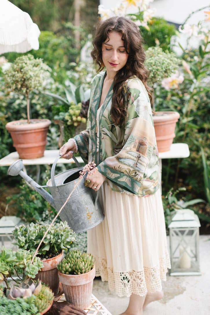 Fleur De Soleil Pixie Crop Kimono w/ Florals & Butterfly